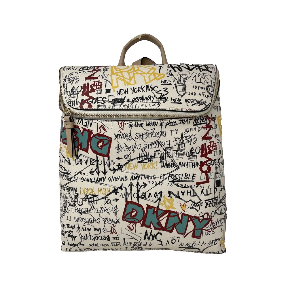 DKNY TILLY Graffiti Fold Over Multicolor Urban NYC Backpack Tote‎ Purse FLAWED
